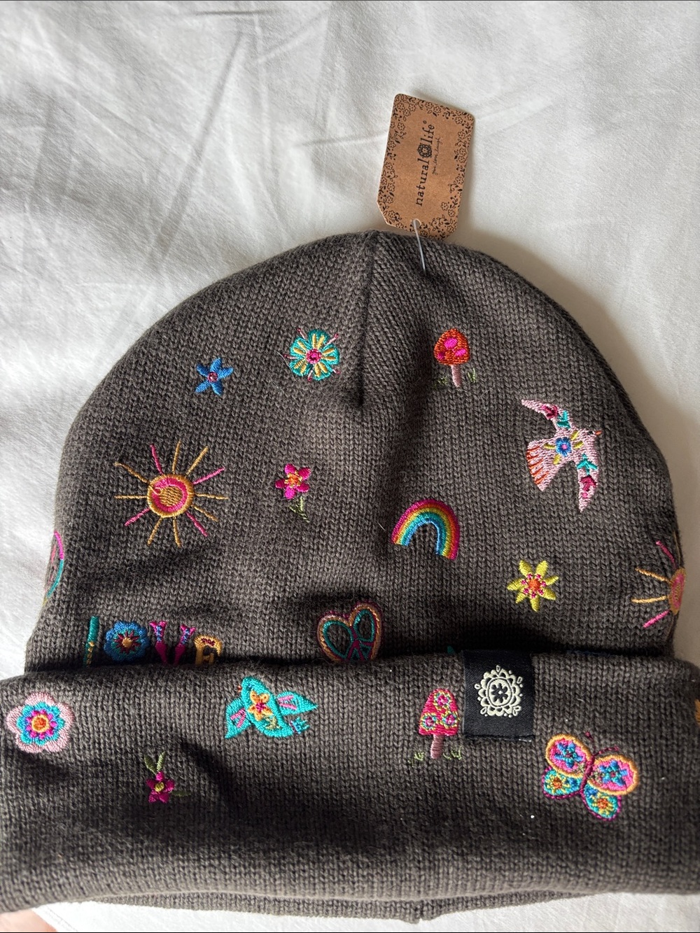 NATURAL LIFE Charcoal Knit Beanie with Multicolor Embroidery